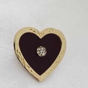 Gold and Burganday Heart Brooch With Crystal Accents